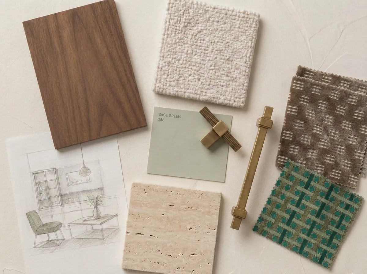 Interior design materials: walnut veneer, bouclé, brushed brass and travertine