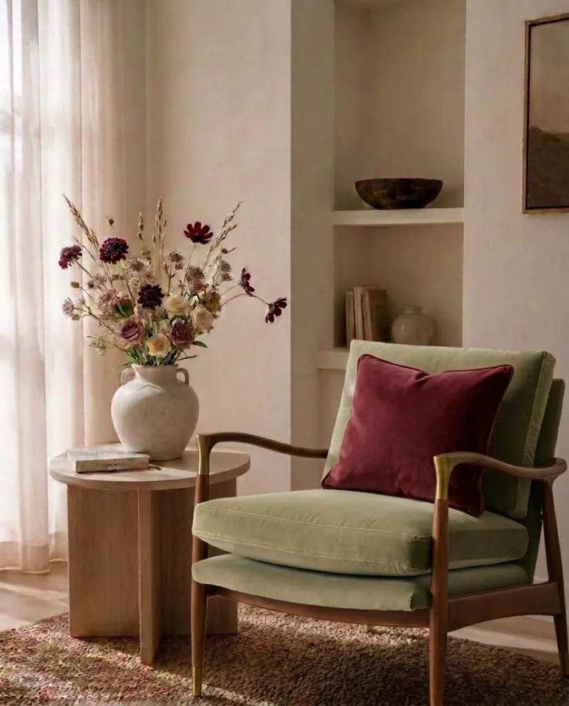 Soft daylight on a neutral reading corner with a linen armchair, burgundy cushion, oak side table and ceramic vase